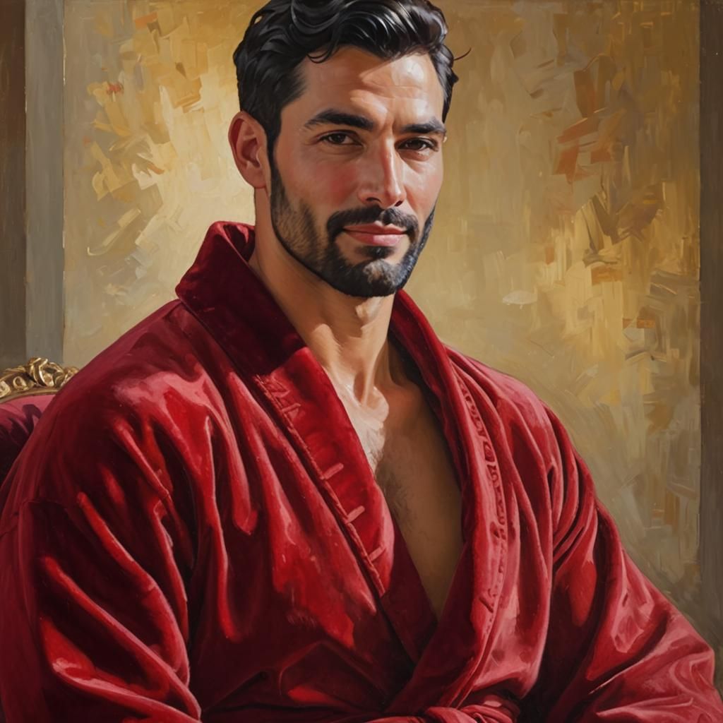 Smiling Man in Red Velvet Bathrobe, Impressionist Oil Painti...