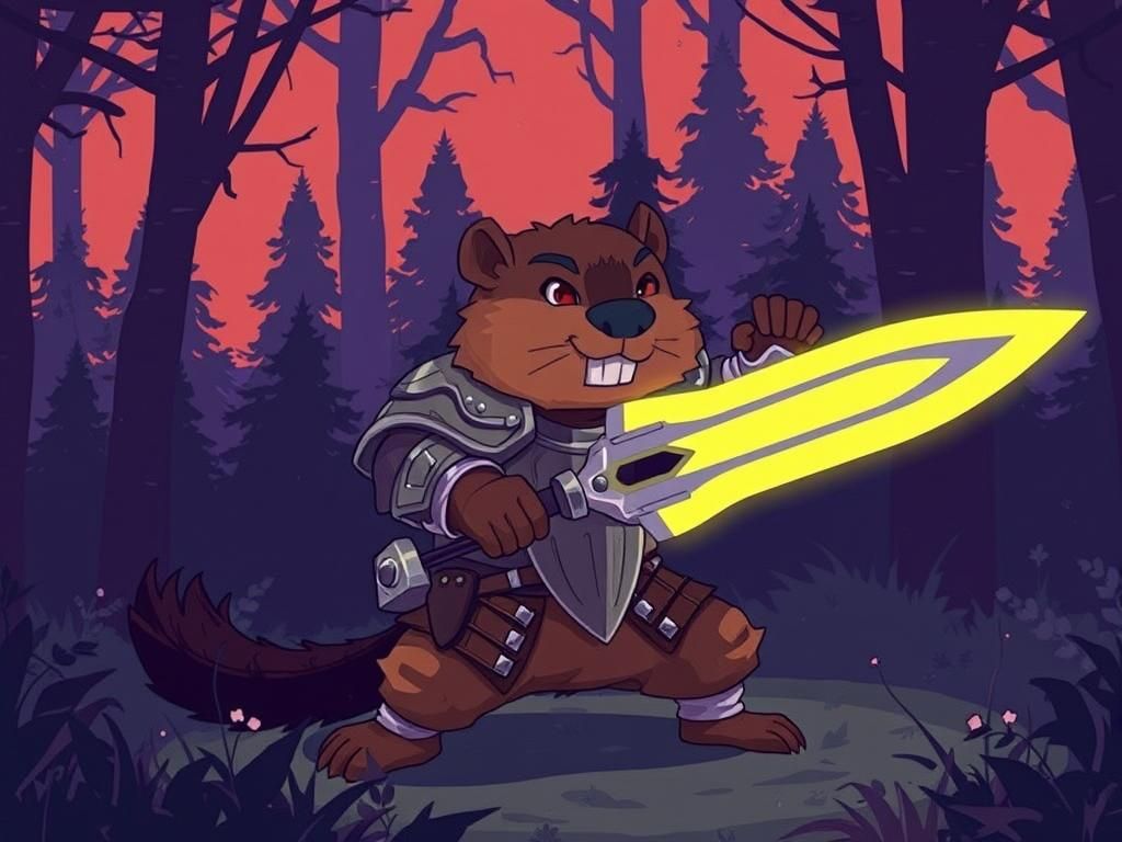minimalist cartoon, flat color, tetradic colors, in the style of Fortiche Production :: warrior beaver wielding a glowin...