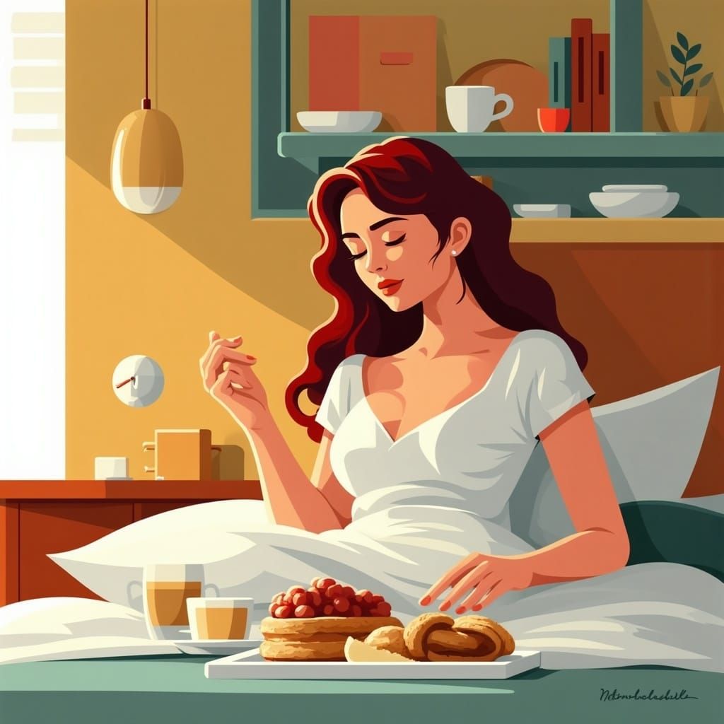 Woman Enjoys Breakfast In Bed, Stylized Logo Art