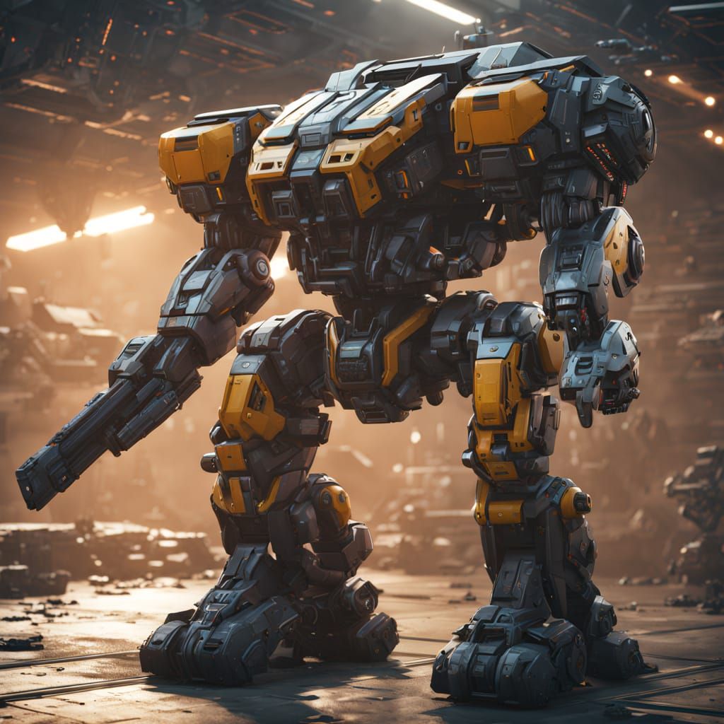 Battlemech in Sci-Fi Landscape, Polished Metal Style