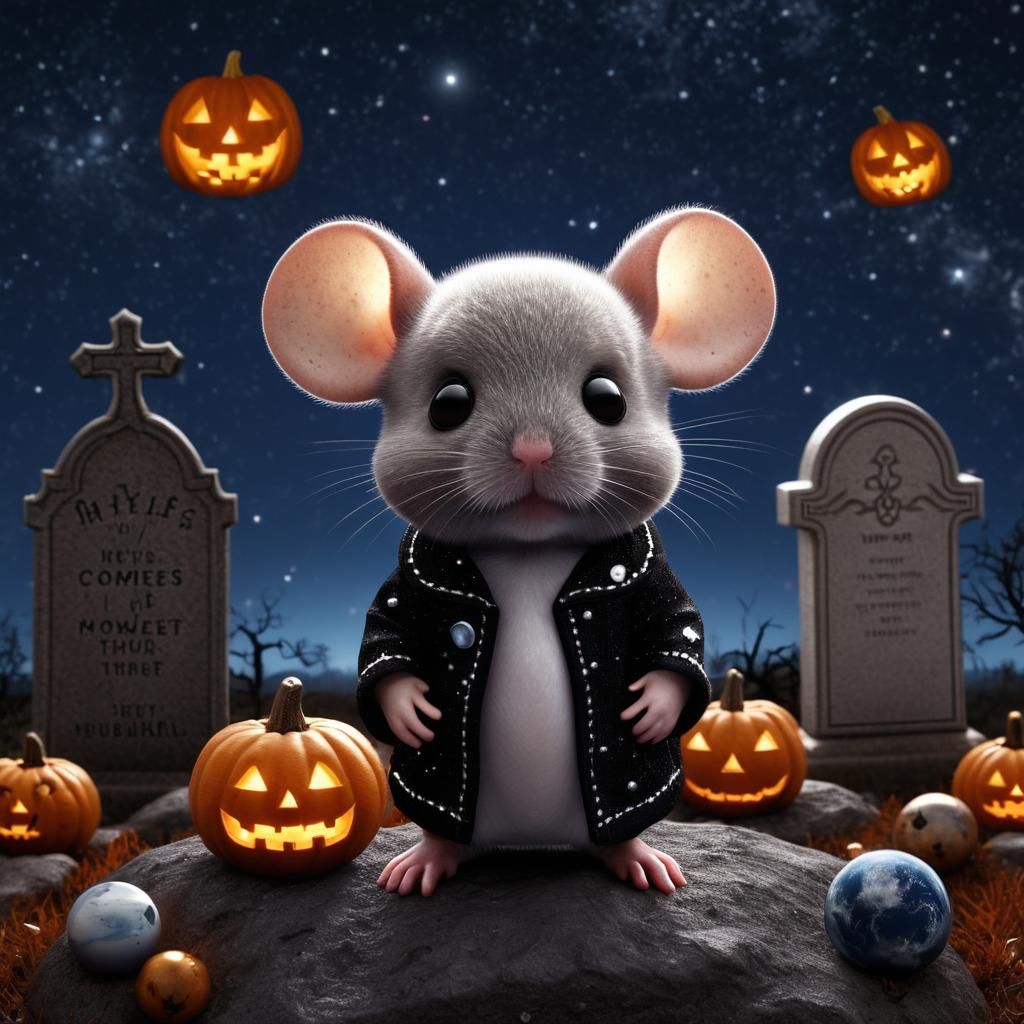 Hyperrealistic Chibi Mouse in Halloween Graveyard