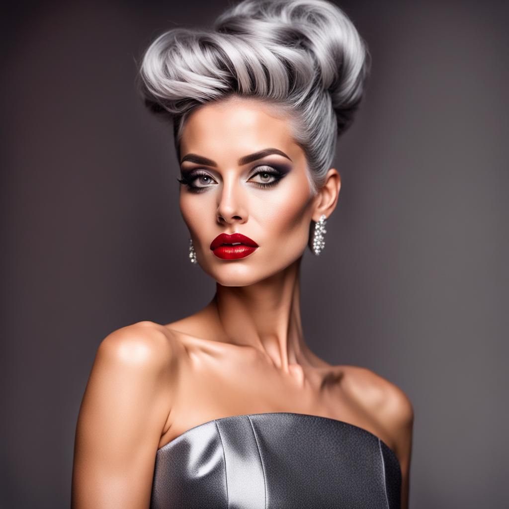 Luxury Woman with Grey Hair and Red Lipstick