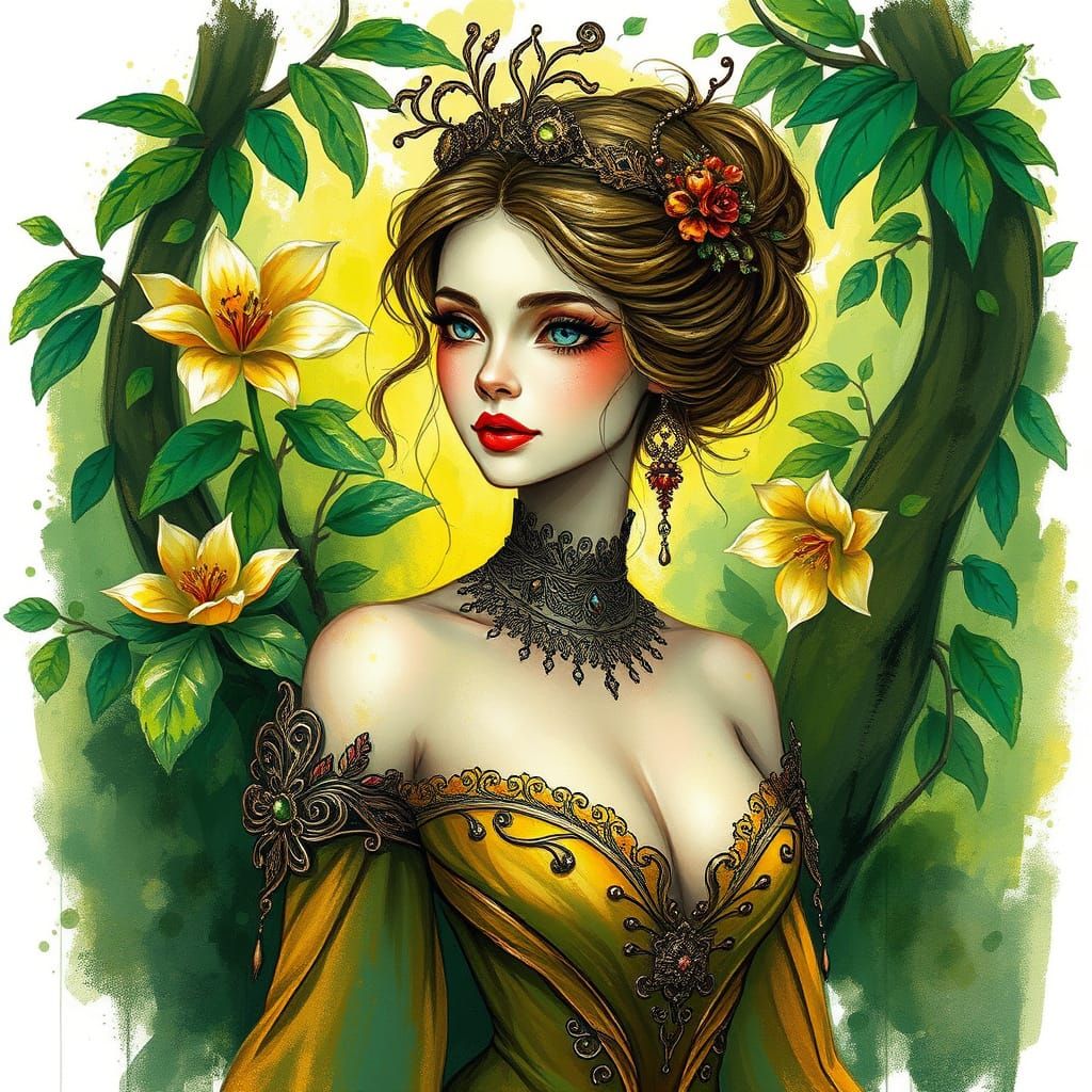 Mystical Woman in Lush Greenery: Whimsical Digital Art