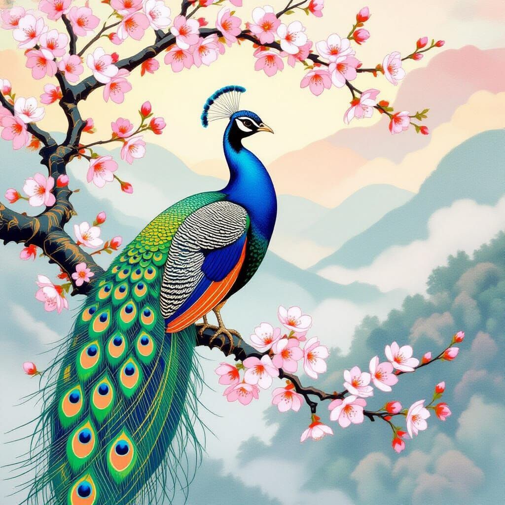 Iridescent Peacock in an Art Nouveau Landscape