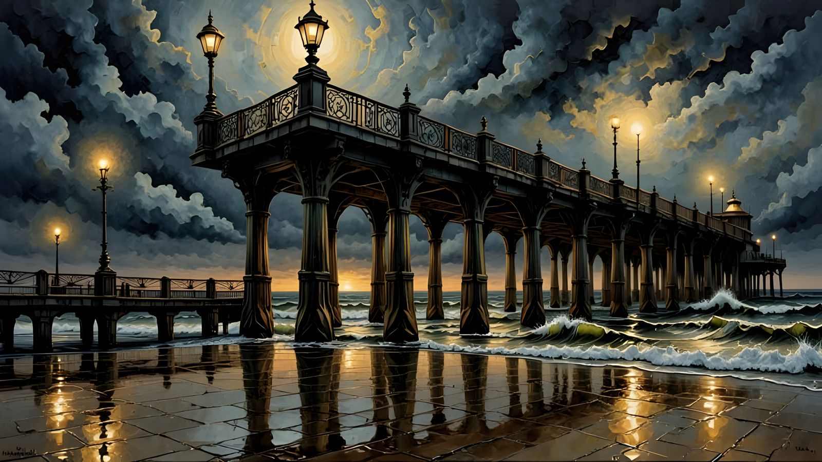 Stormy Night Pier in Art Nouveau Style