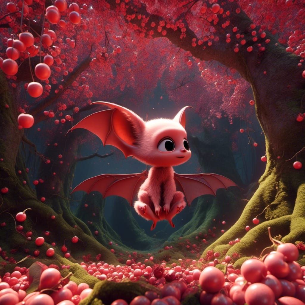 Cute Crimson Bat Roosting in Cherry Tree