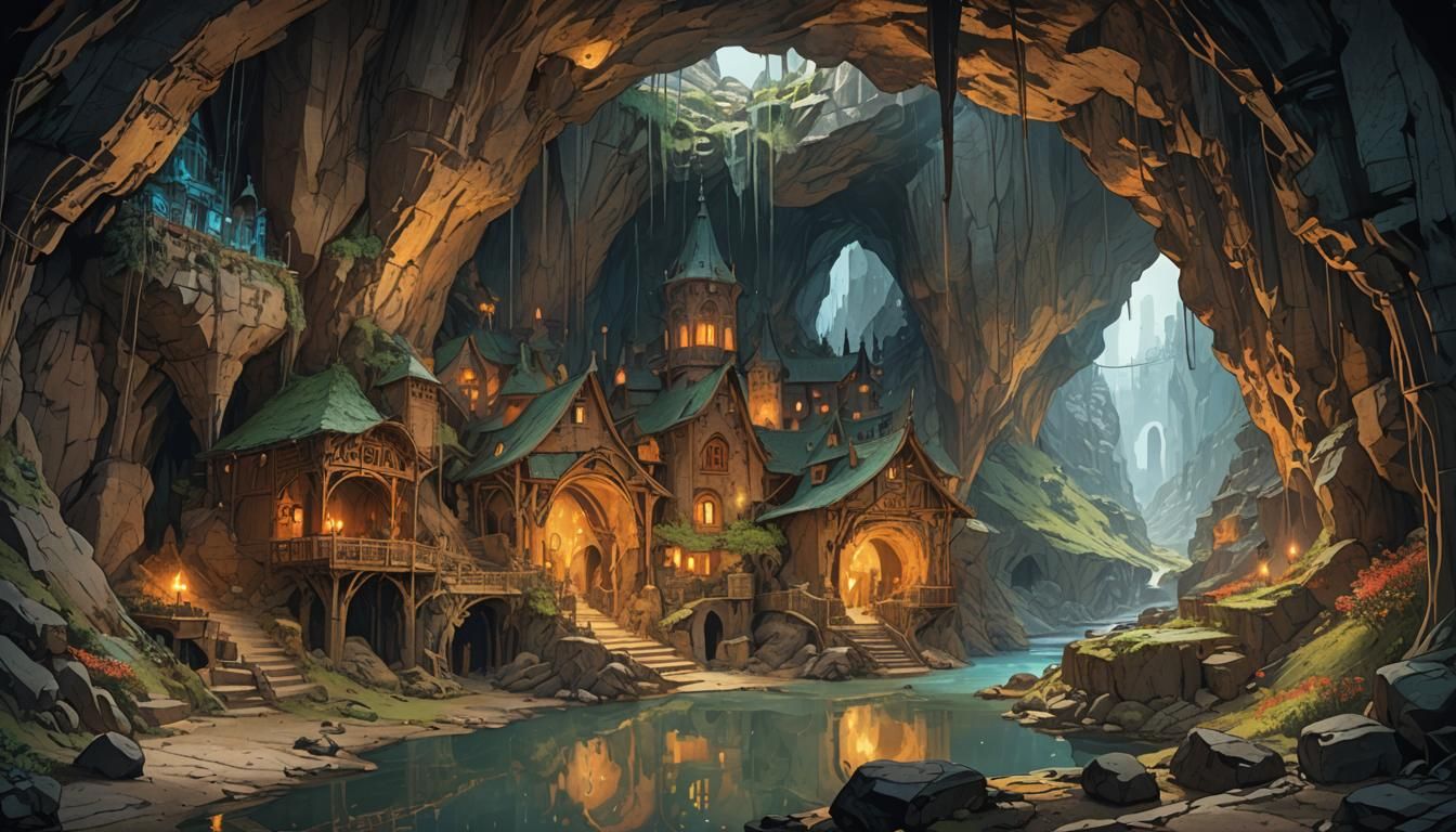 Underground Cave Town with Gas Light, Art Nouveau Style
