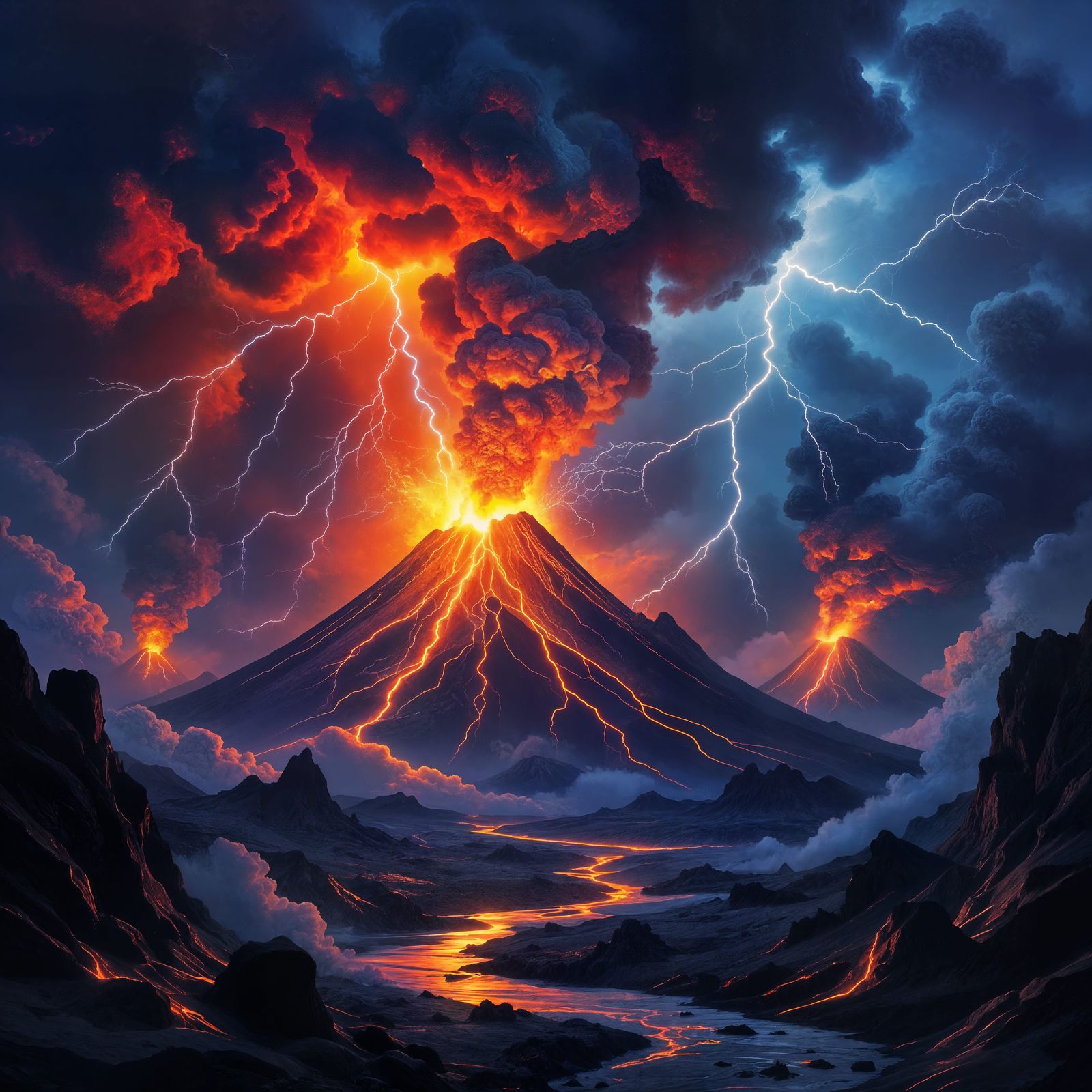 Volcanic Eruptions Under Lightning Sky