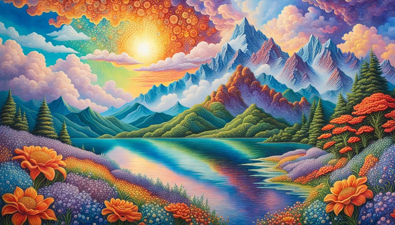 Dreamlike Lake Mountain Scene in Pointillism Style
