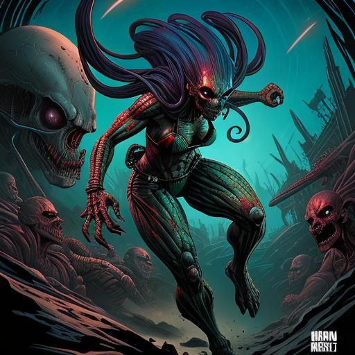 Alien Bikini Model in Comic Book Horror Art