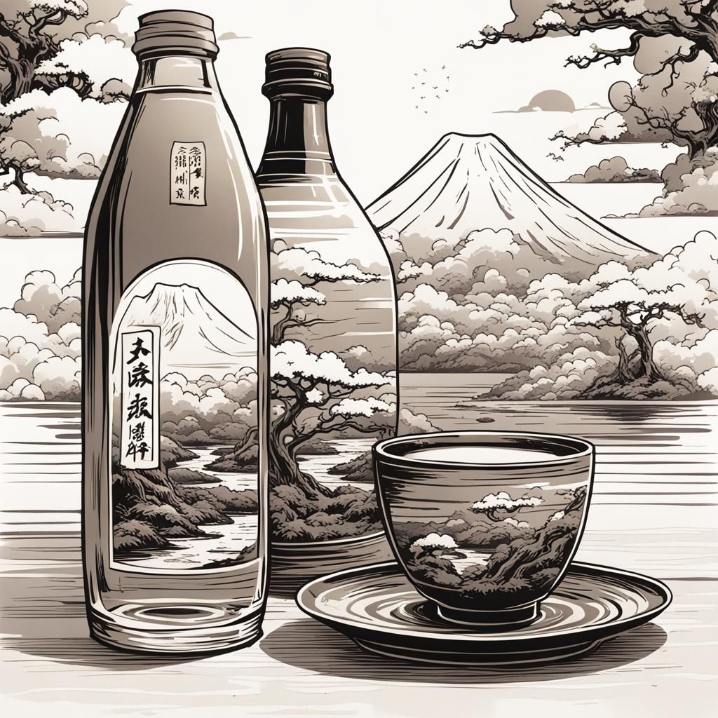 Japanese Sake Bottle and Cup on White Background