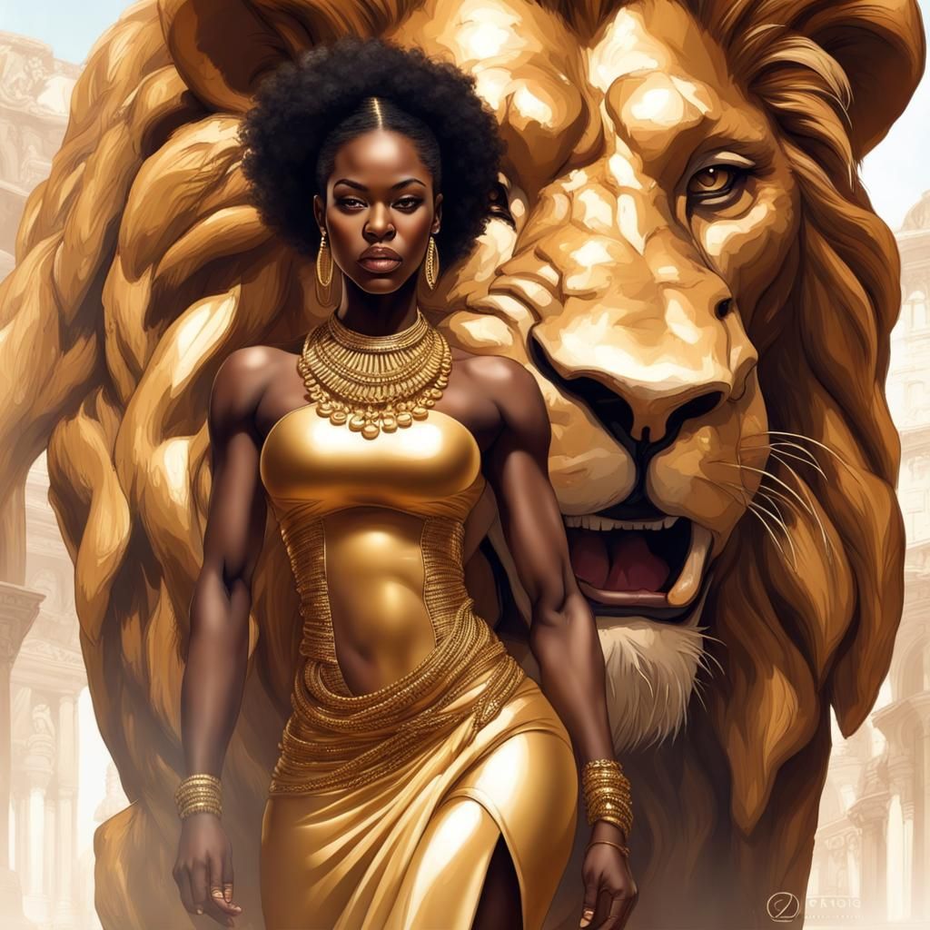 African Girl on Lion in Golden Dress