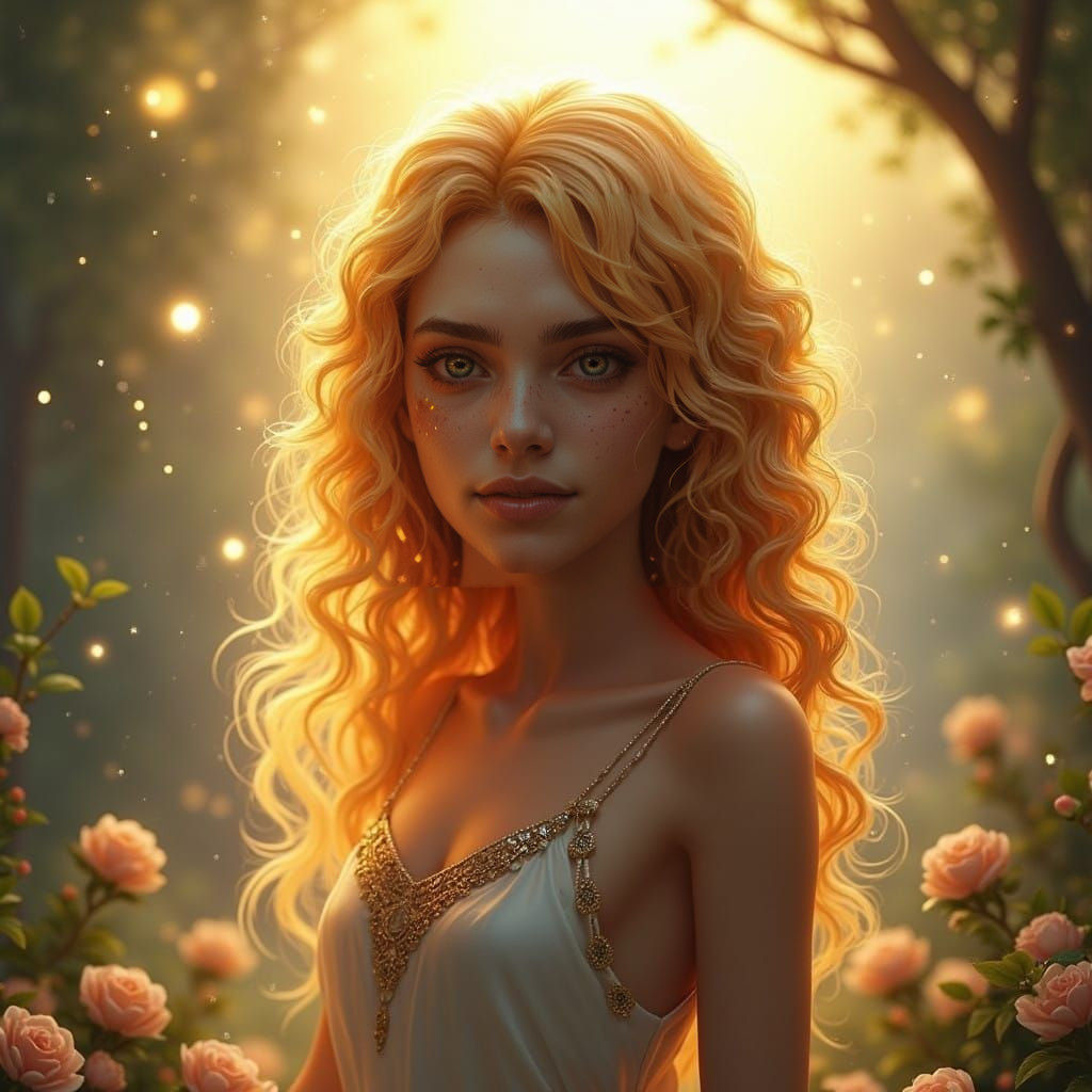 Surreal Golden Goddess with Halo Hair in Whimsical Fantasy S...