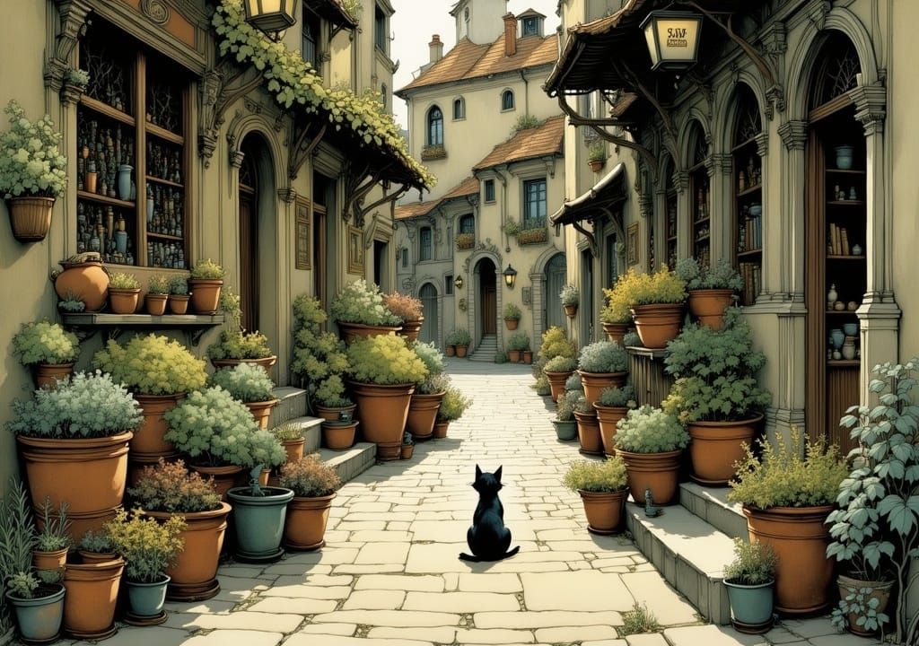Whimsical Mediterranean Alley Scene with a Sleeping Cat