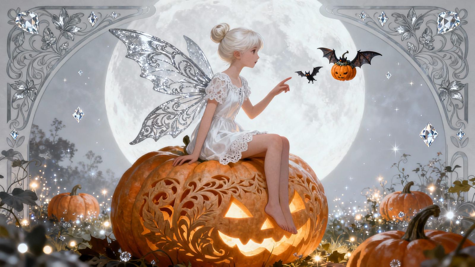 Fairy Seated on Giant Pumpkin in Moonlit Garden
