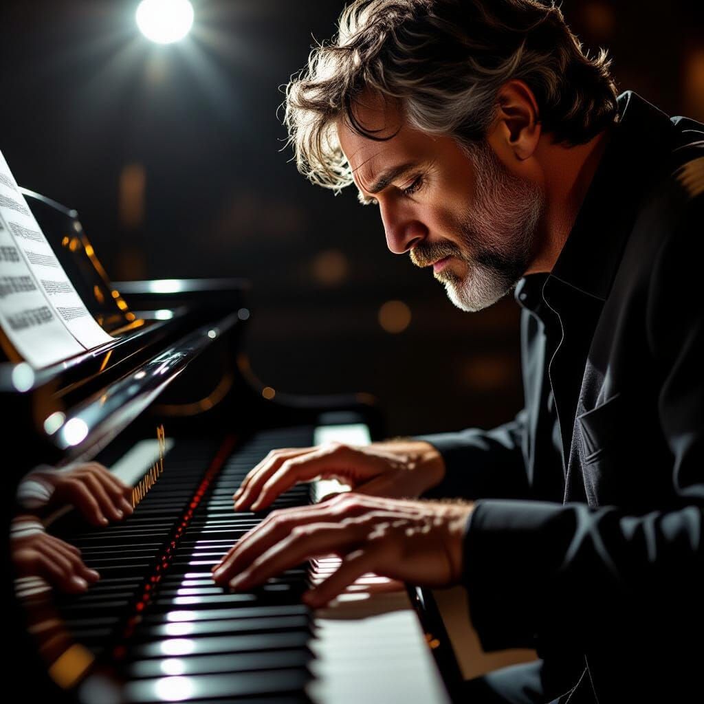 Musician's Hands in Dramatic Spotlight on Piano