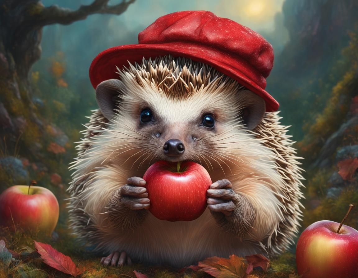 Happy Hedgehog with Apple: Digital Art