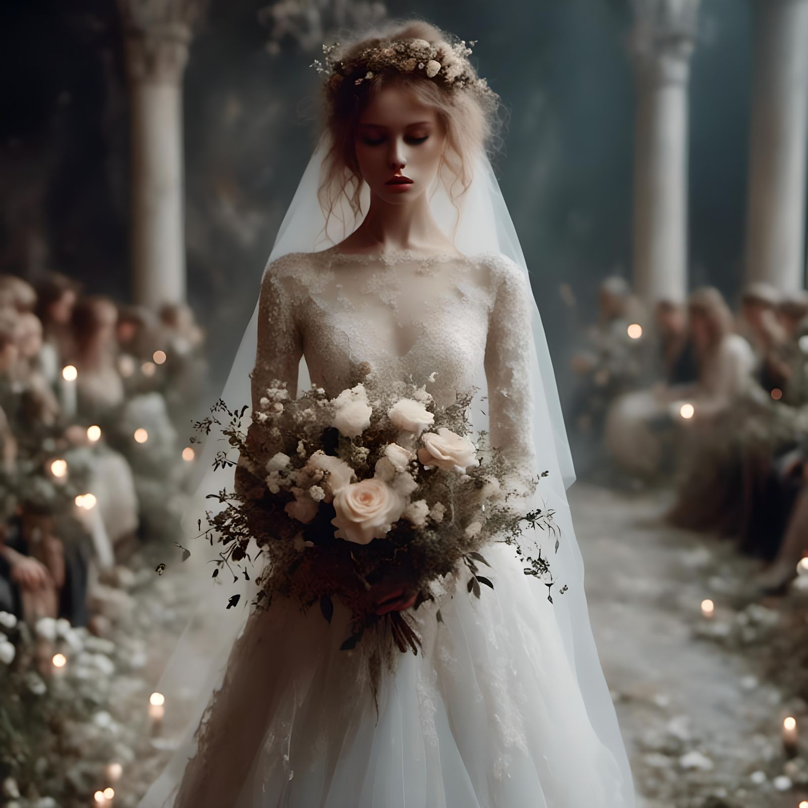 Beautiful Bride with Glowing Runes and Bouquet