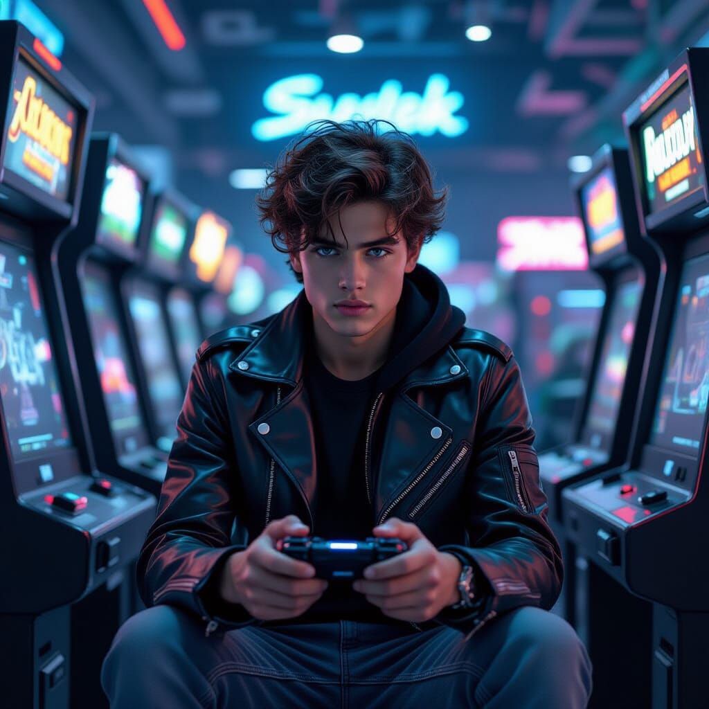 Teenager in Cyberpunk Arcade Playing Video Games