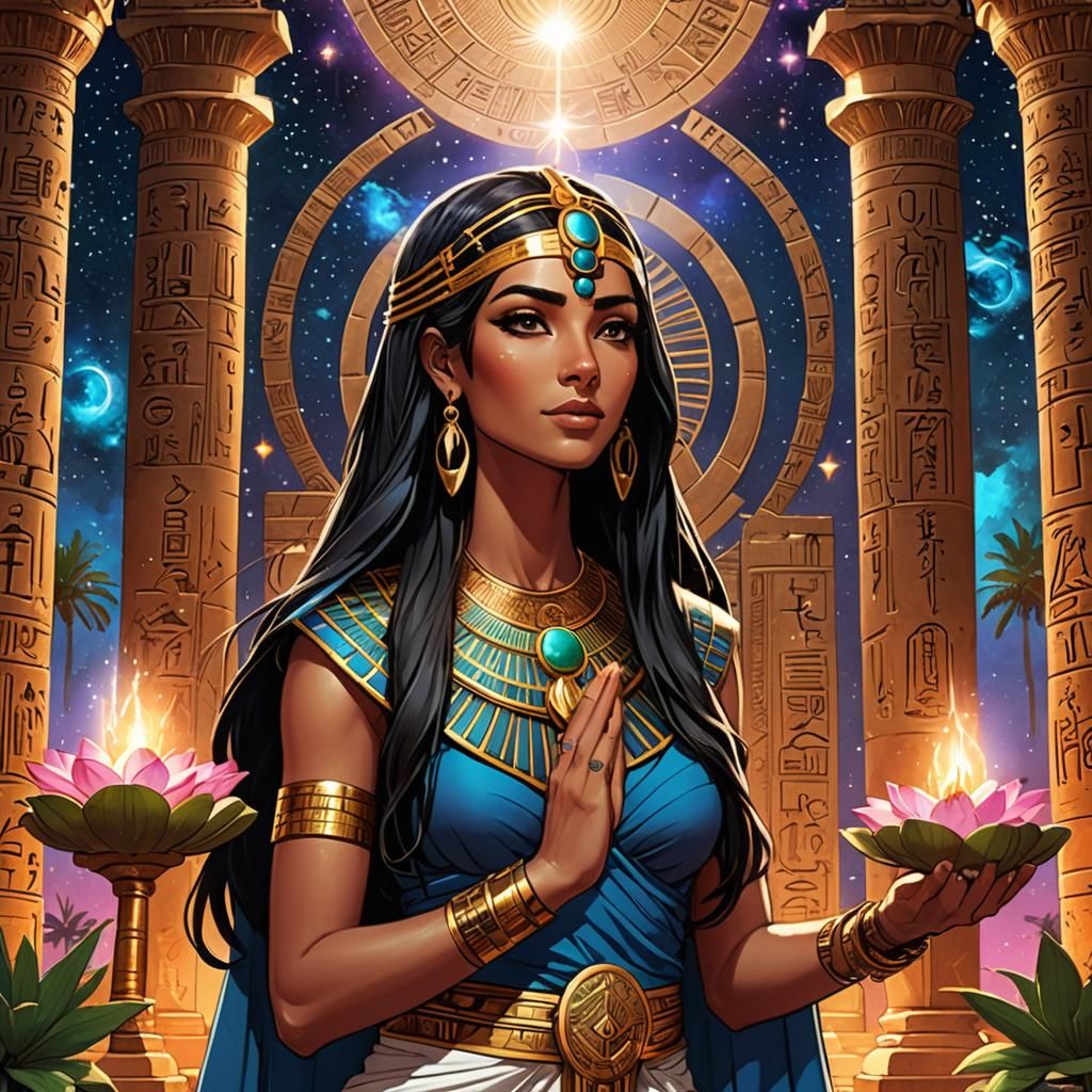 Egyptian Priestess Praying in Temple: Digital Comic Art