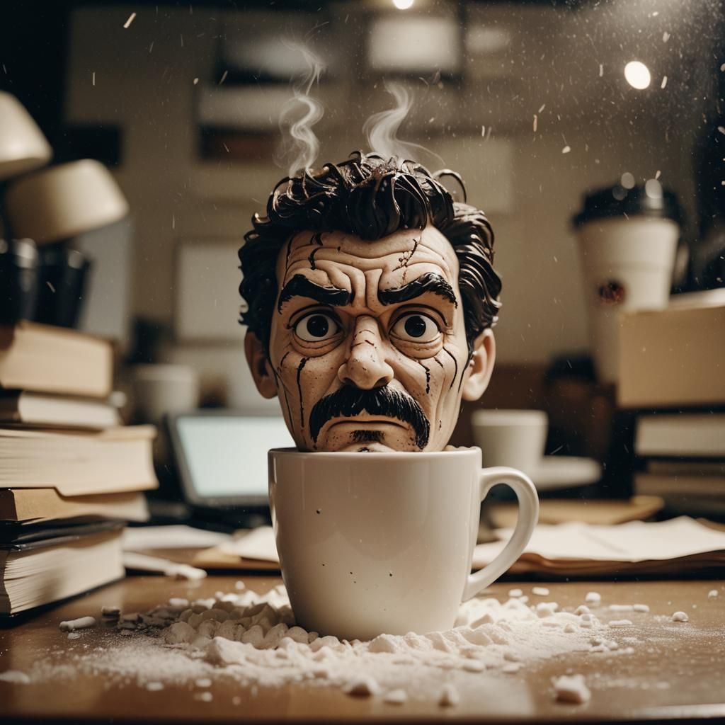 Scowling Face in Coffee Foam: 35mm Film Aesthetic