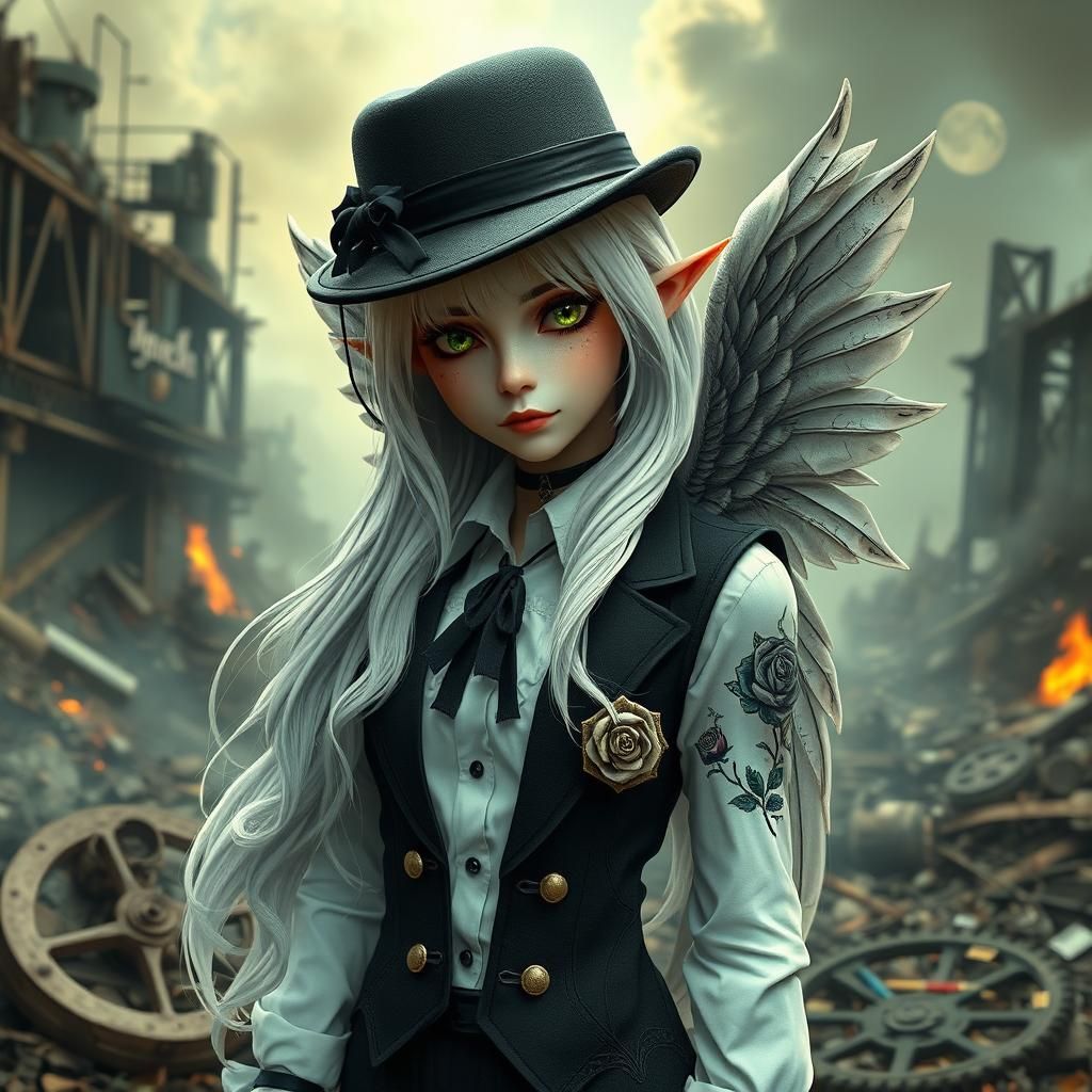 Gothic Elf Angel in Steampunk Ruins