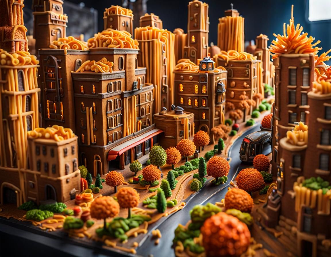 Steampunk Foodcore City as Food Sculpture Art
