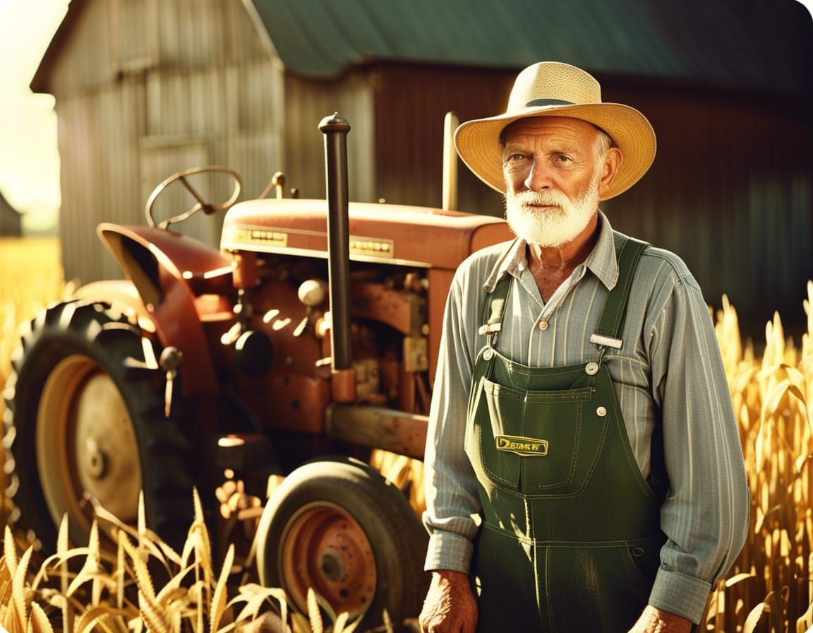Vintage Farmer with Tractor in Cornfield Photo