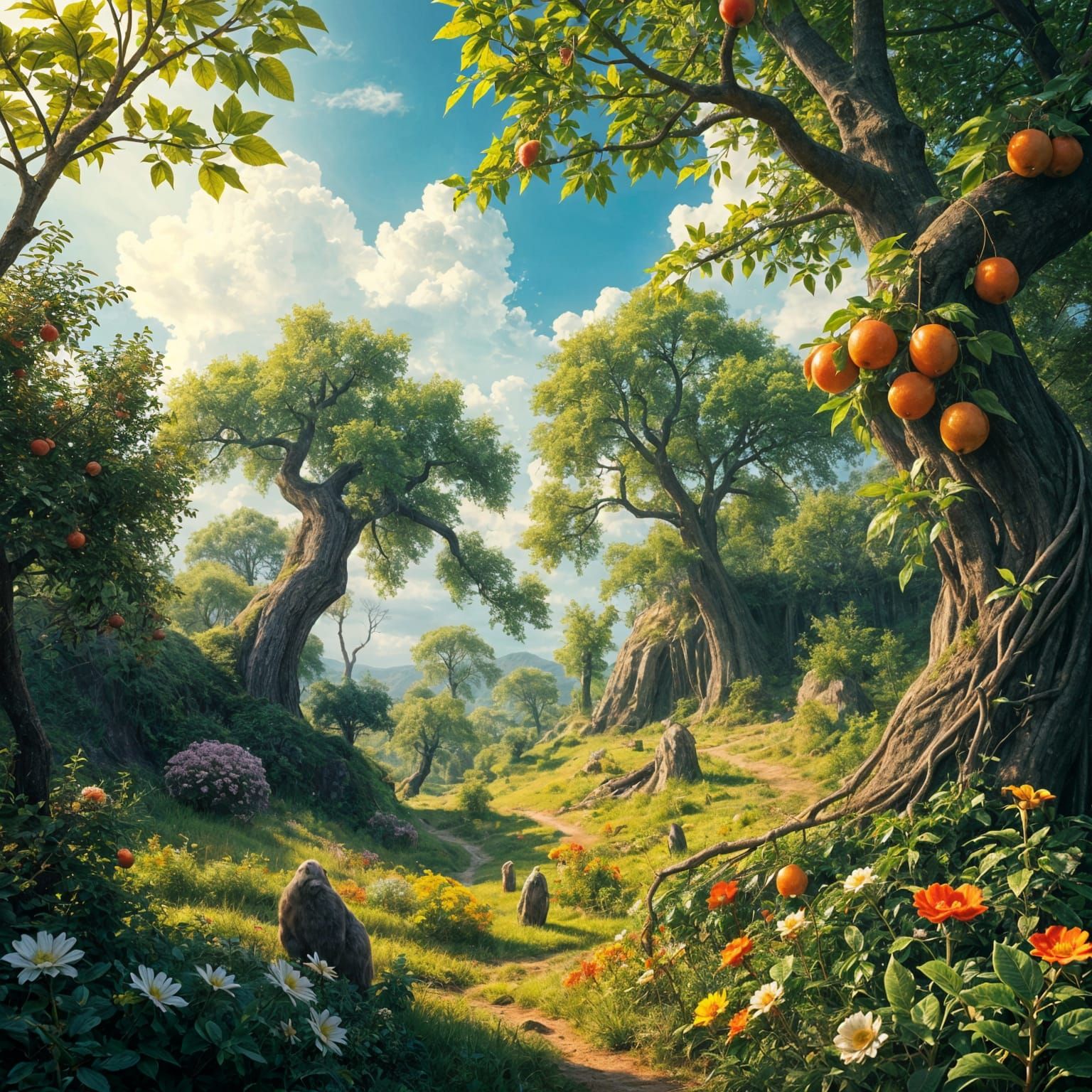 Vibrant Abundance: A Divine Garden Blooms with Fruits and Fl...