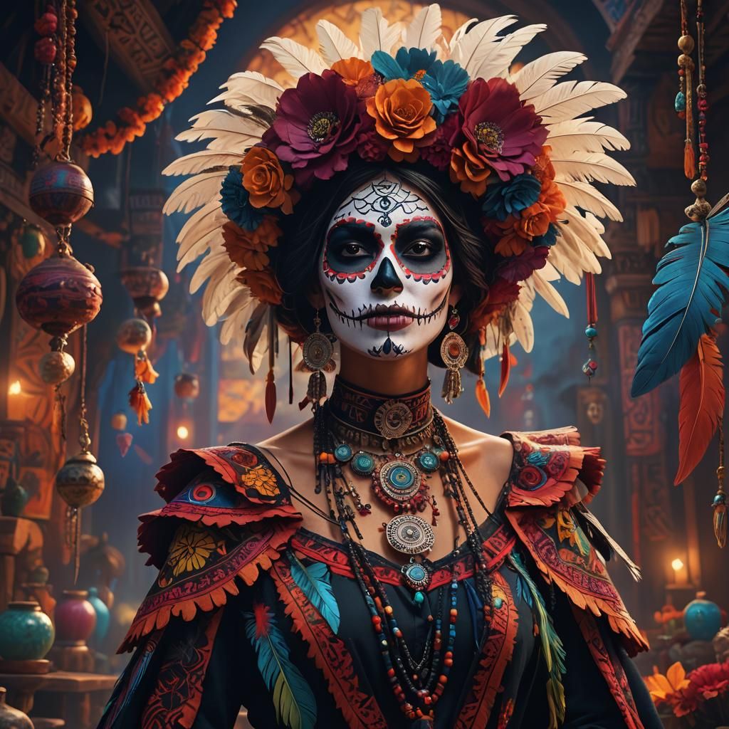 Catrina and Indigenous Woman Blend in Surreal Art