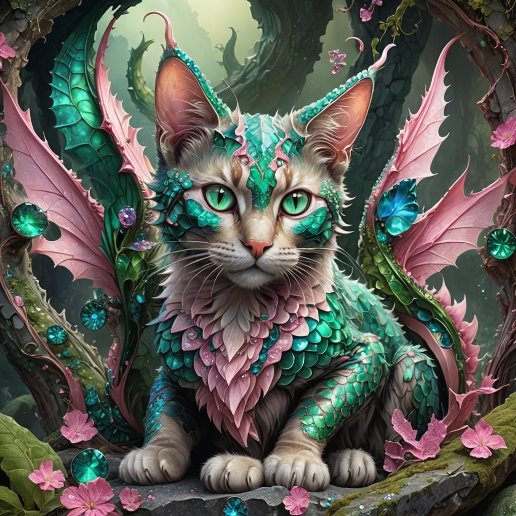 Emerald Dragon-Cat Hybrid in Fractal Art Style