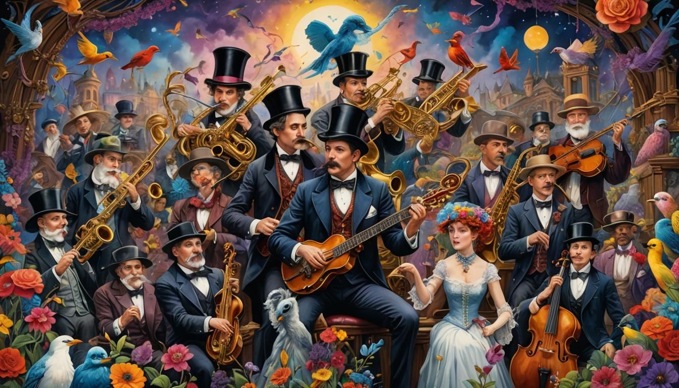 Ragtime Band in Whimsical Fantasy: Photorealistic Masterpiec...