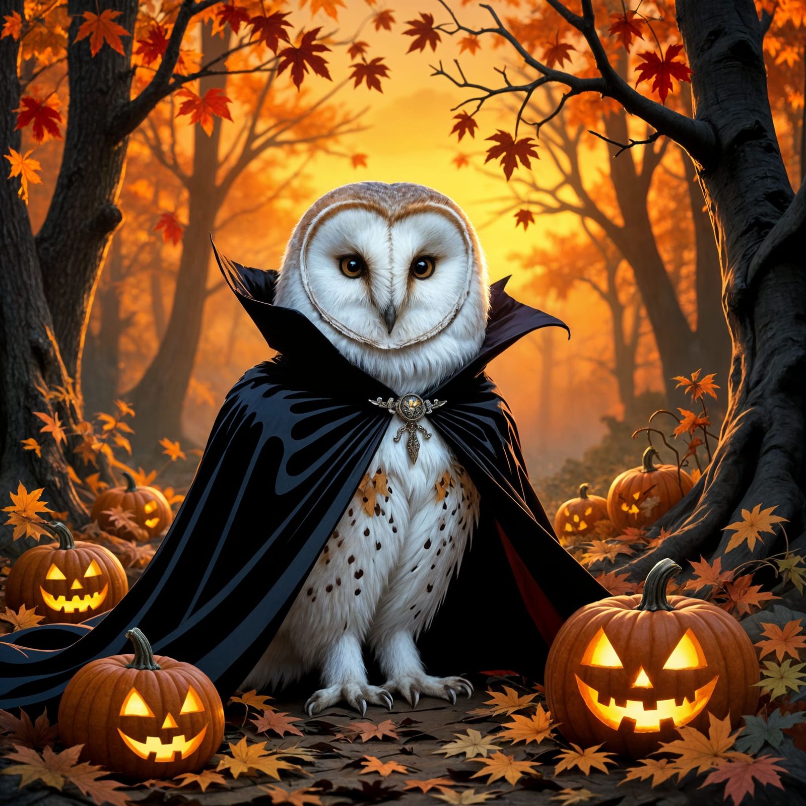 Fluffy Owl in Vampire Cape at Autumn Dusk