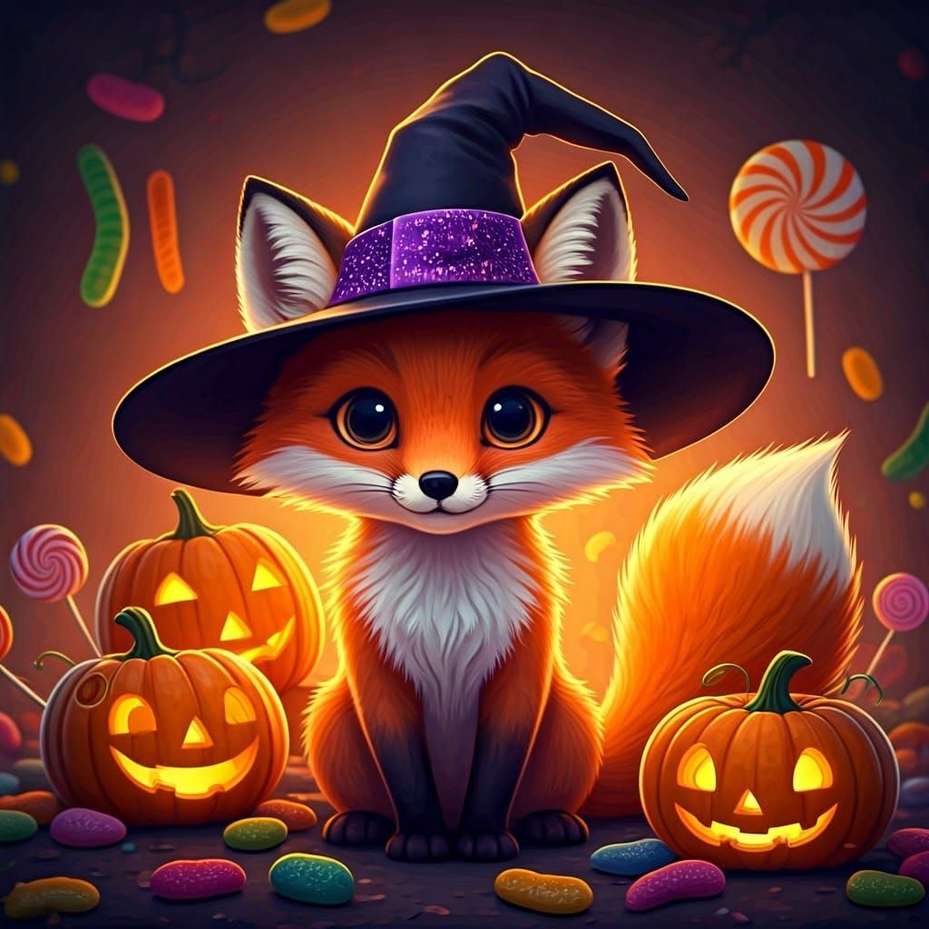 Cute Halloween Fox with Pumpkins in Pixar Style