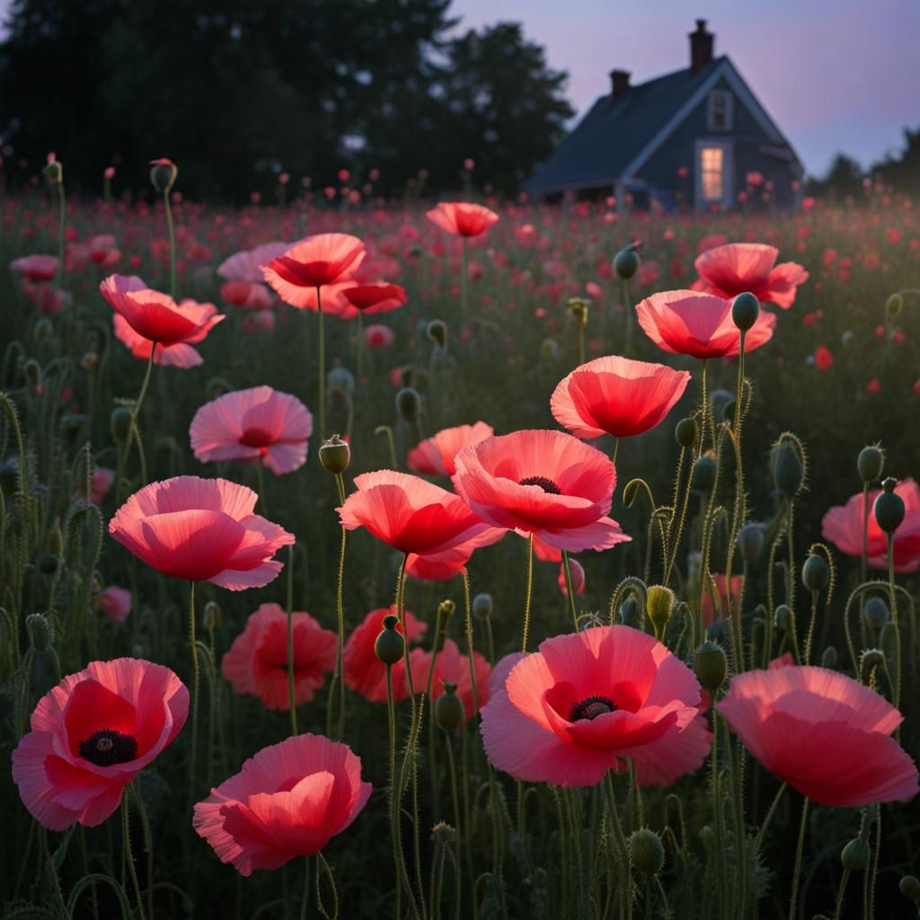 Poppies in Pink Evening Light: Painterly Landscape