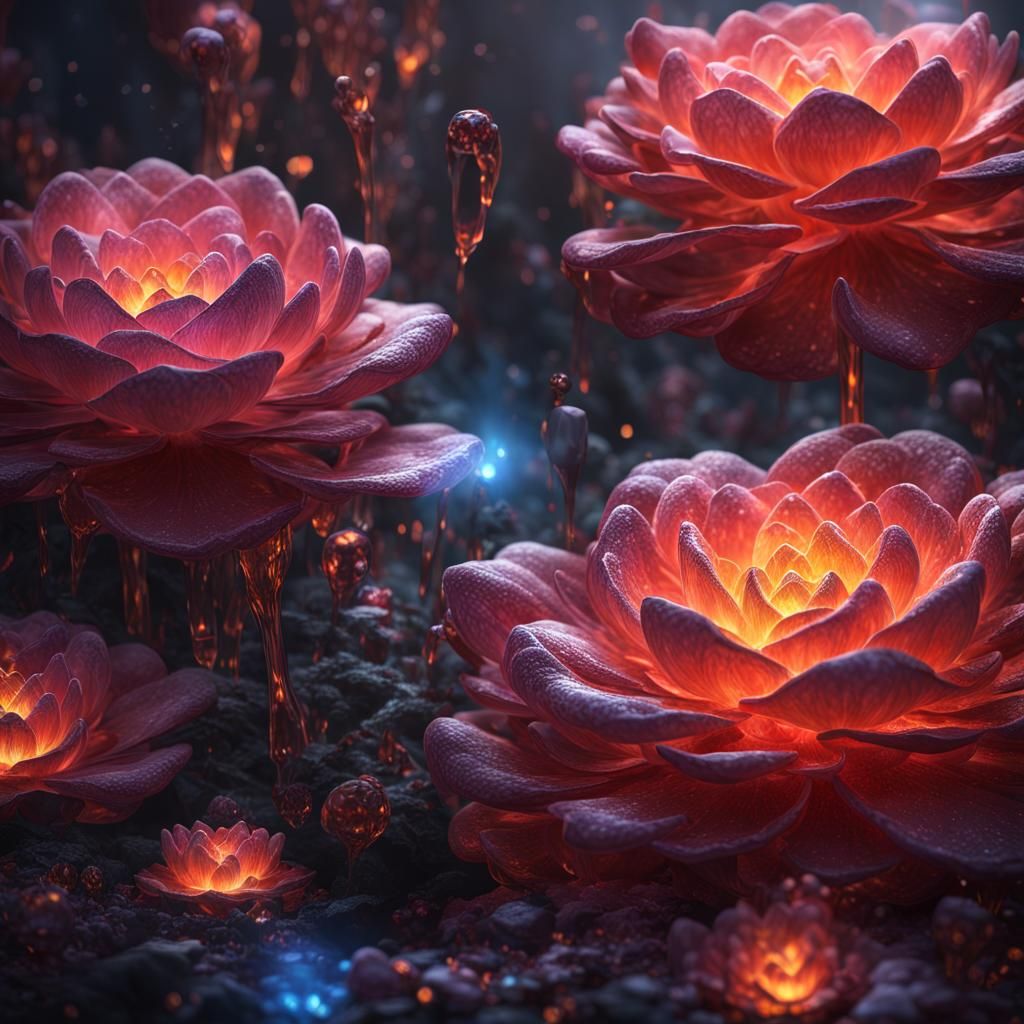 Mystical Dew-Covered Flower in Fiery Crystal Style