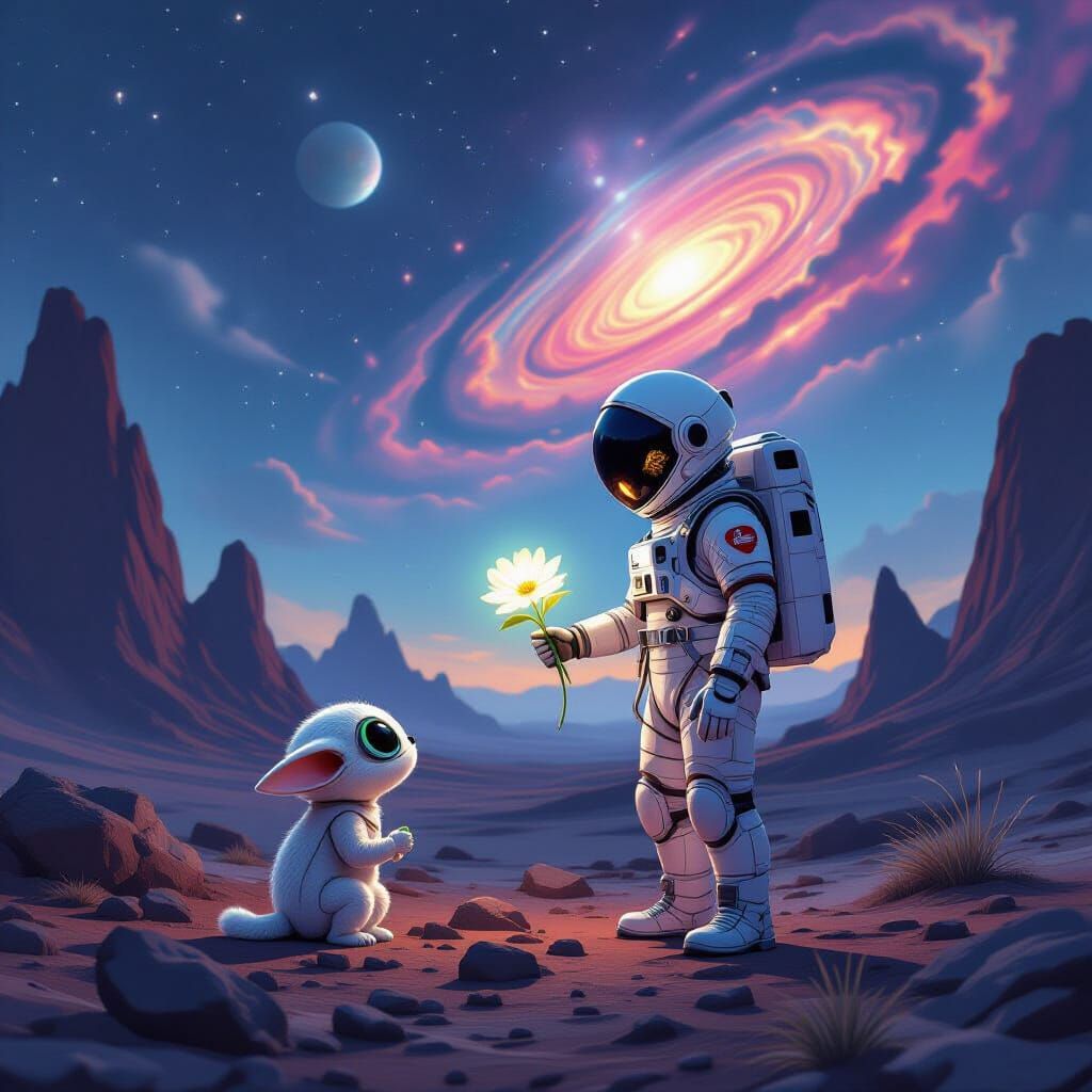 Astronaut Offers Flower to Alien Creature on Nebula Planet