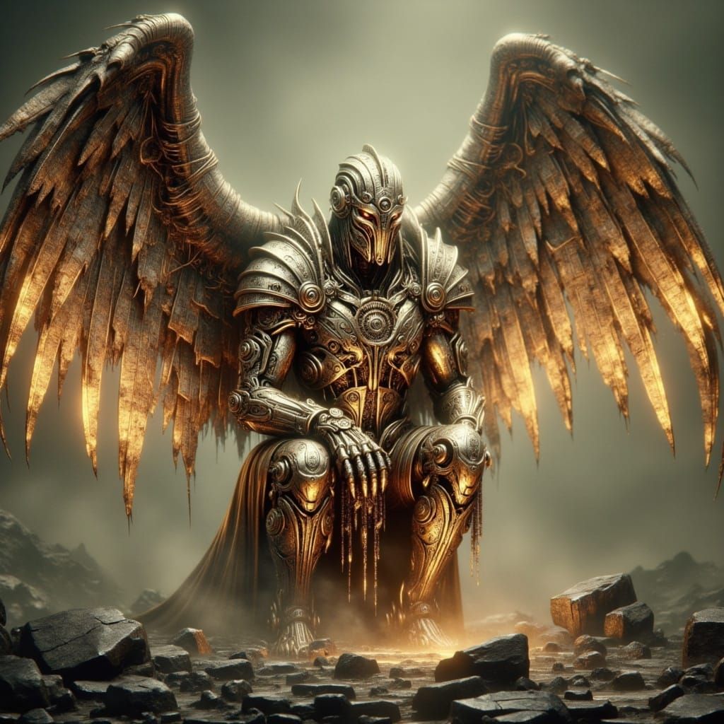 A sorrowful fallen angel kneels in a desolate wasteland <lora:Dwemerpunk:1.0>