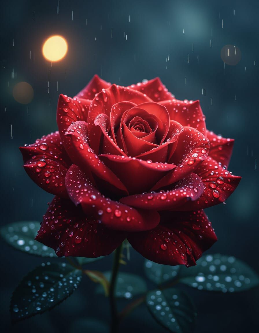 Dramatic Red Rose Close-Up with Glistening Dewdrops