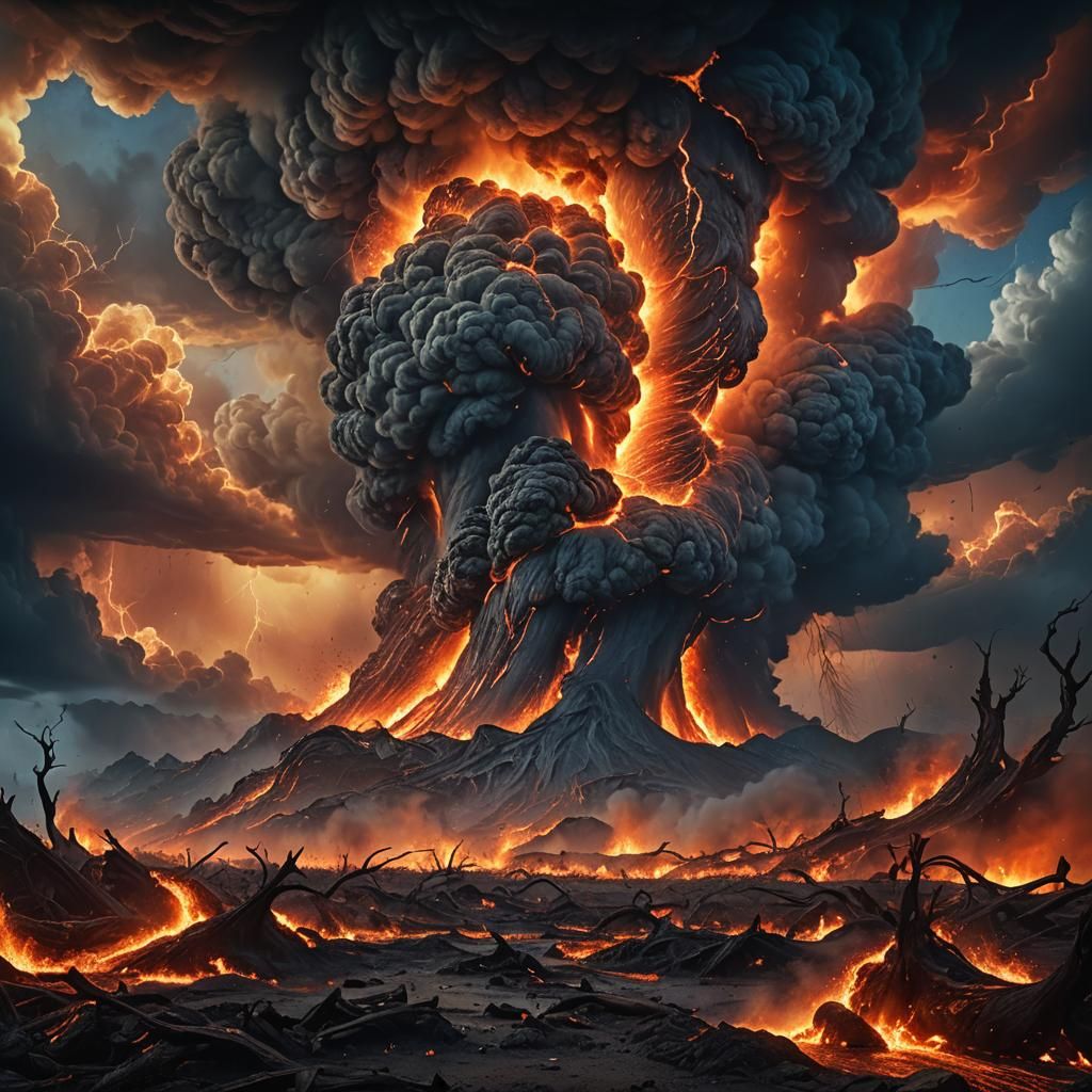 Fiery Tornado Sweeping Mystical Landscape, Digital Painting