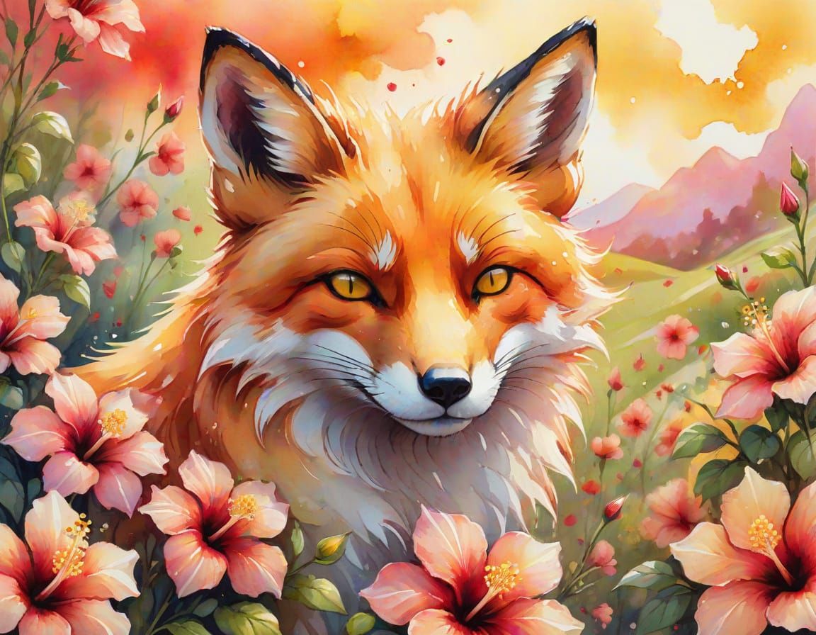 Anime Fox in Hibiscus Field: Watercolor Splash Art