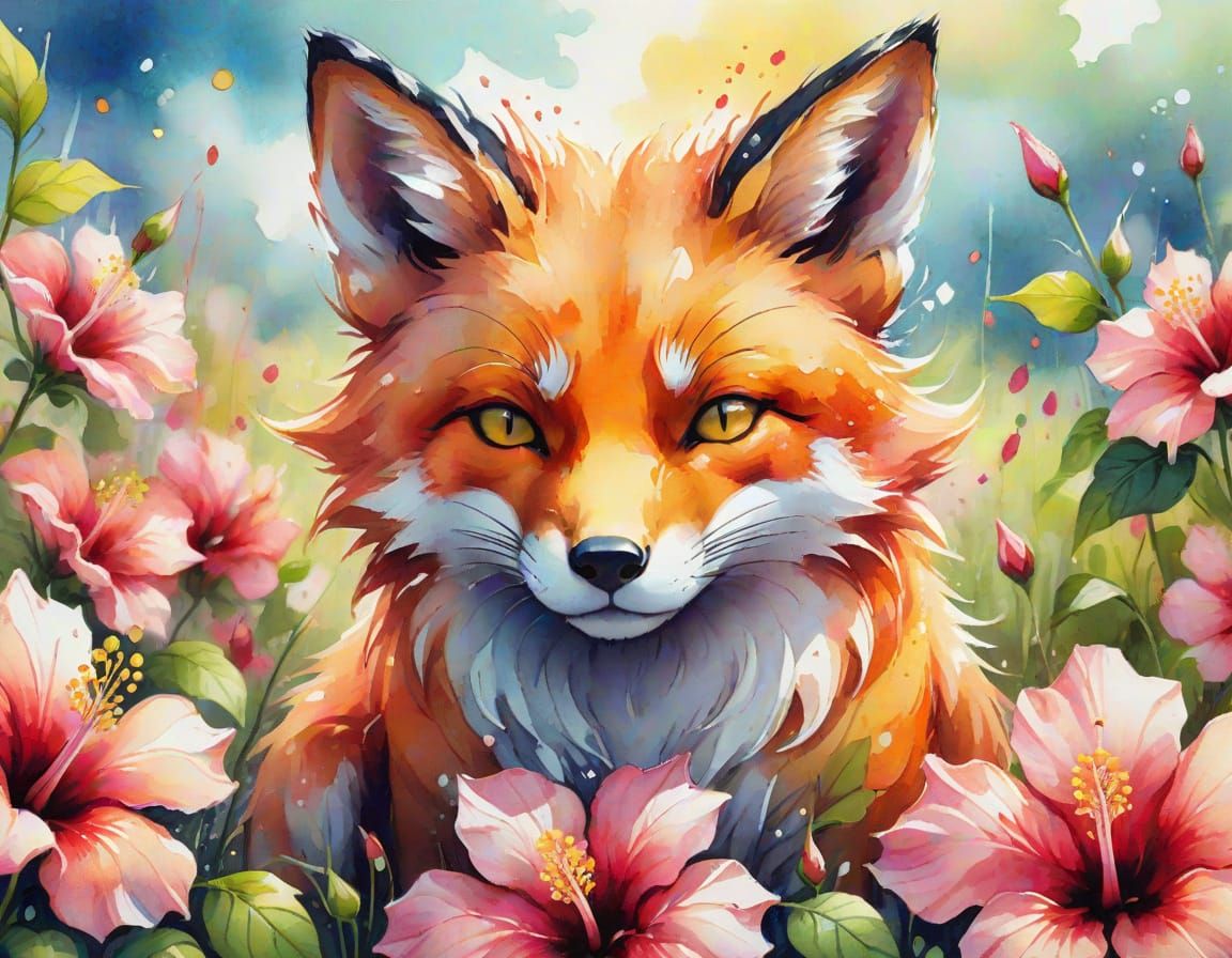 Sleepy Anime Fox in Hibiscus Field: Watercolor Art