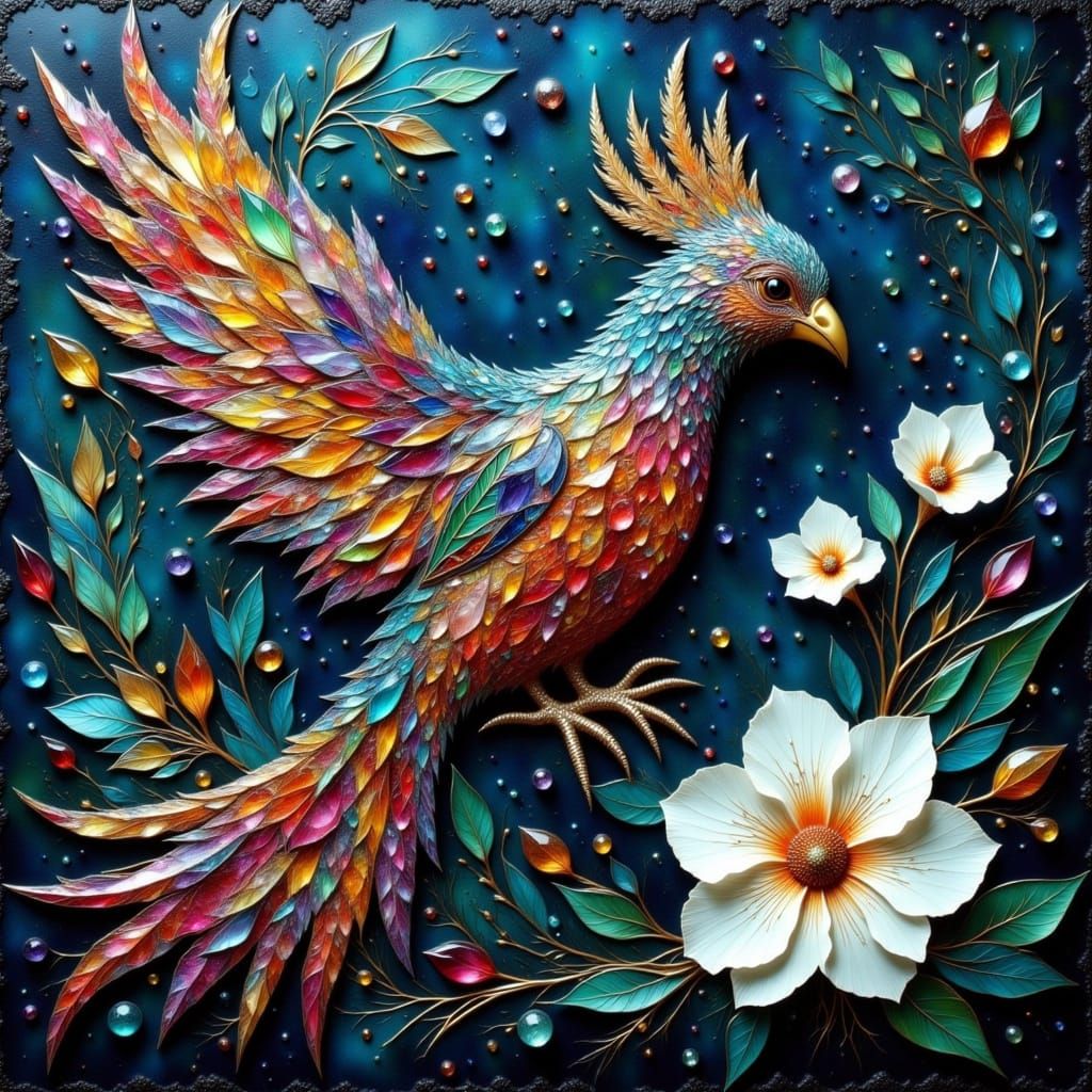 Jeweled Exotic Bird on Dark Background with White Flowers