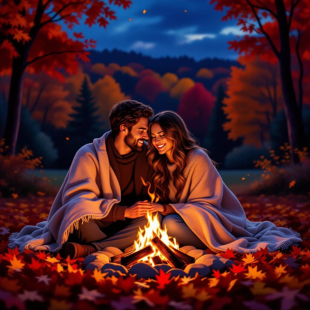 Couple by Bonfire: Hyperrealistic Autumn Scene