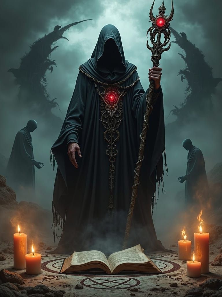 Mysterious Occult Figure in Dark, Stormy Ritual Circle