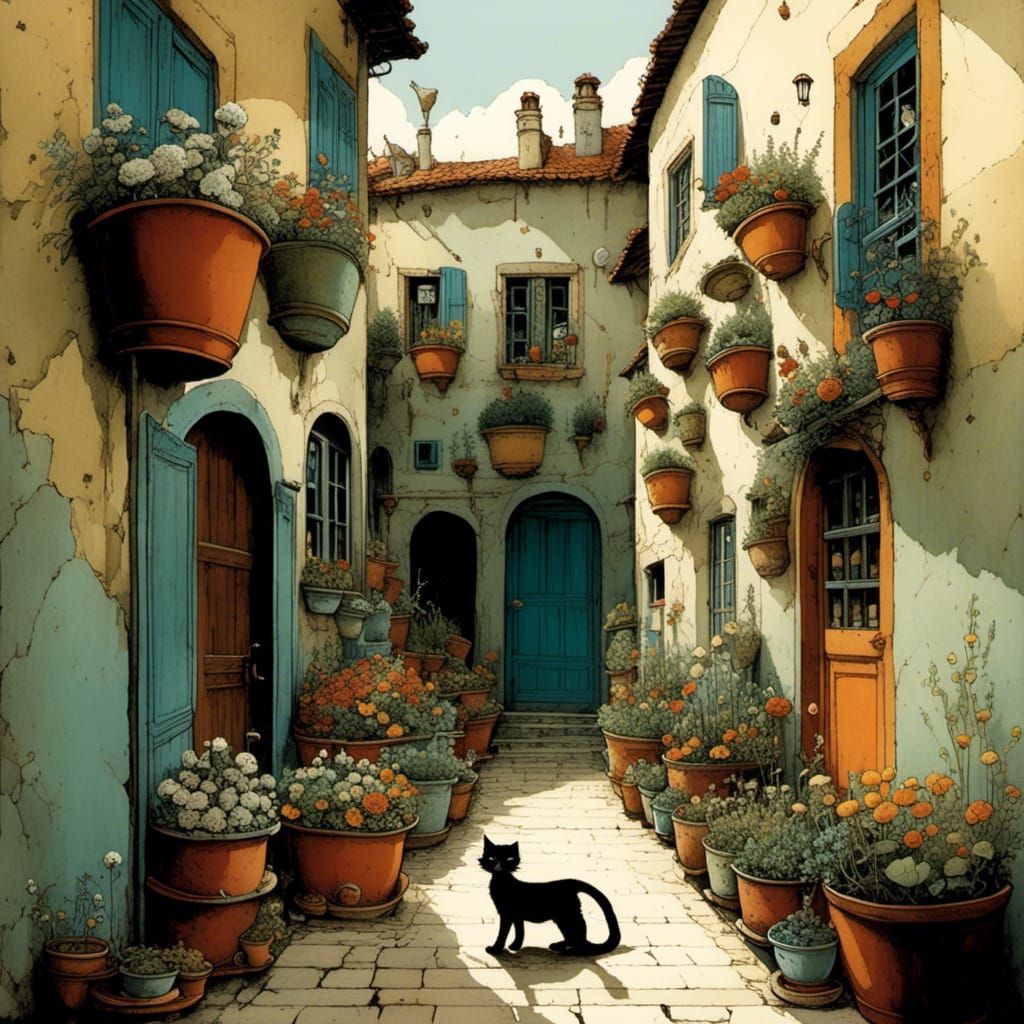 Charming Mediterranean Alley with Sleeping Cat