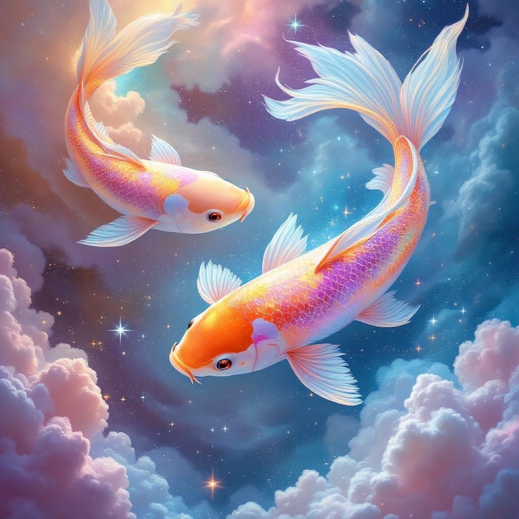 Ethereal Koi Fish Dance Through Cosmic Vortex