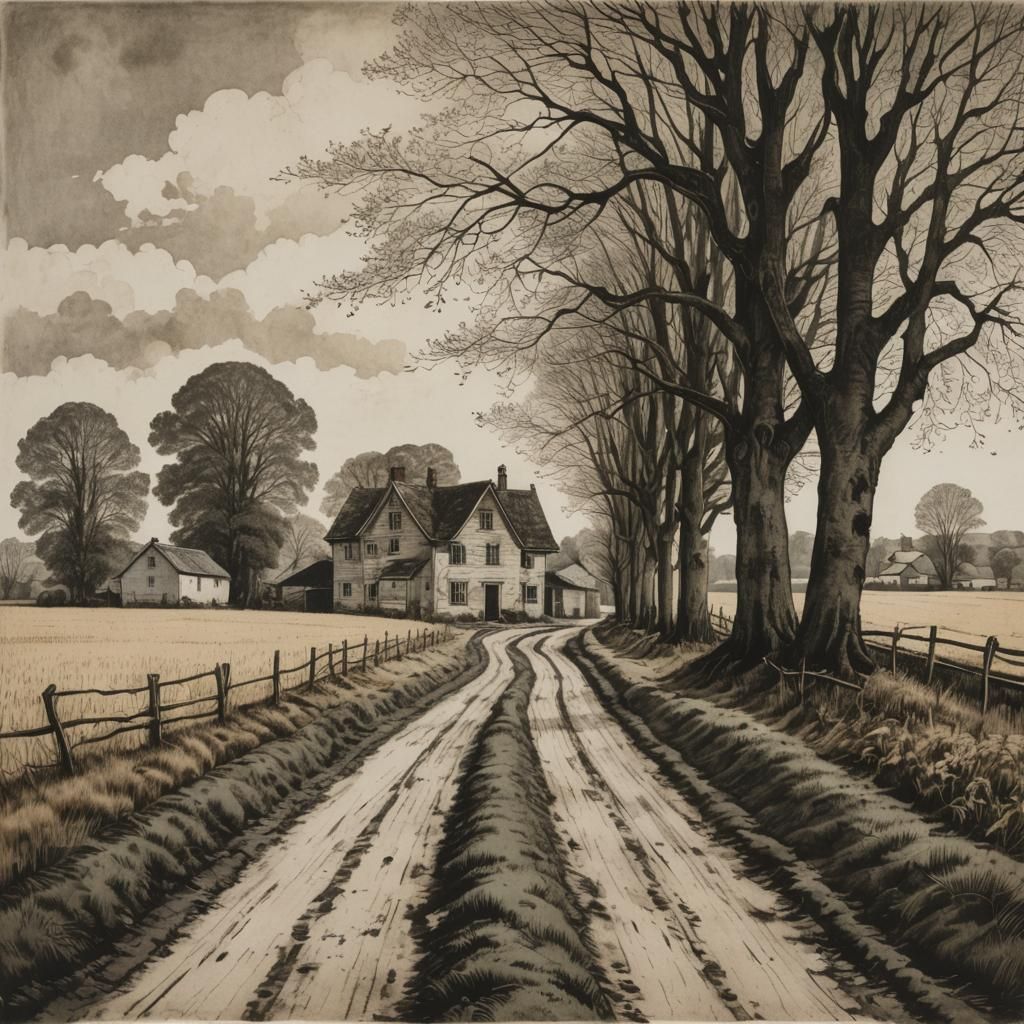 Rural Farmhouse Landscape in Etching and Aquatint Style
