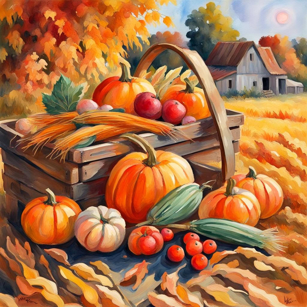 Fall Harvest: Gouache Style Impressionist Painting
