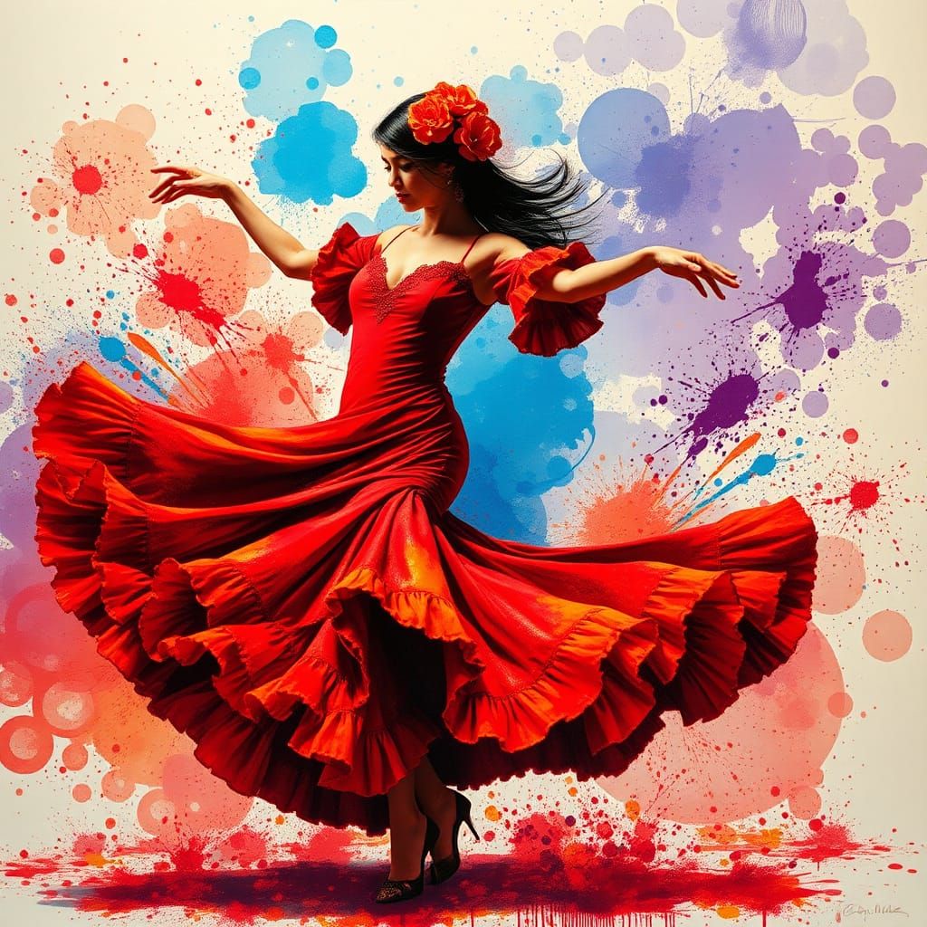 Flamenco Dancer in Motion: Vivid Ink Splatter Art